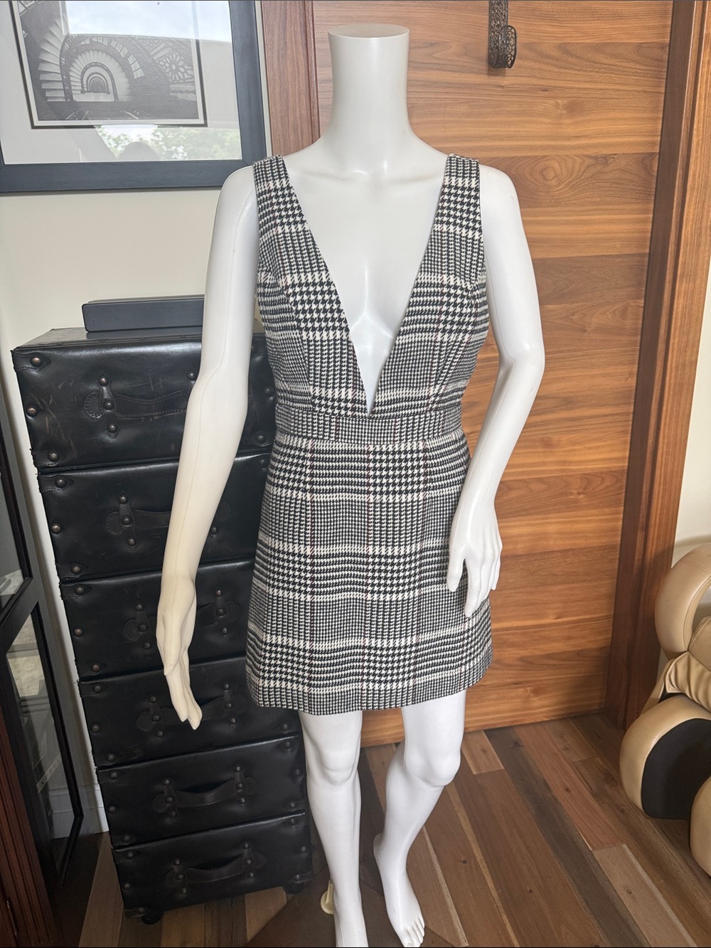 Forever 21 Black & White Plaid Deep V-Neck Mini Dress